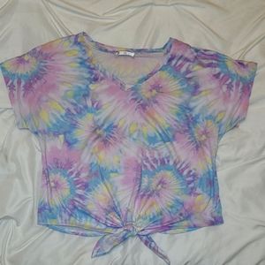 Lovely Bubbly Pink, Blue, Yellow, Purple Spiral TieDye Design Front Tie Crop Top